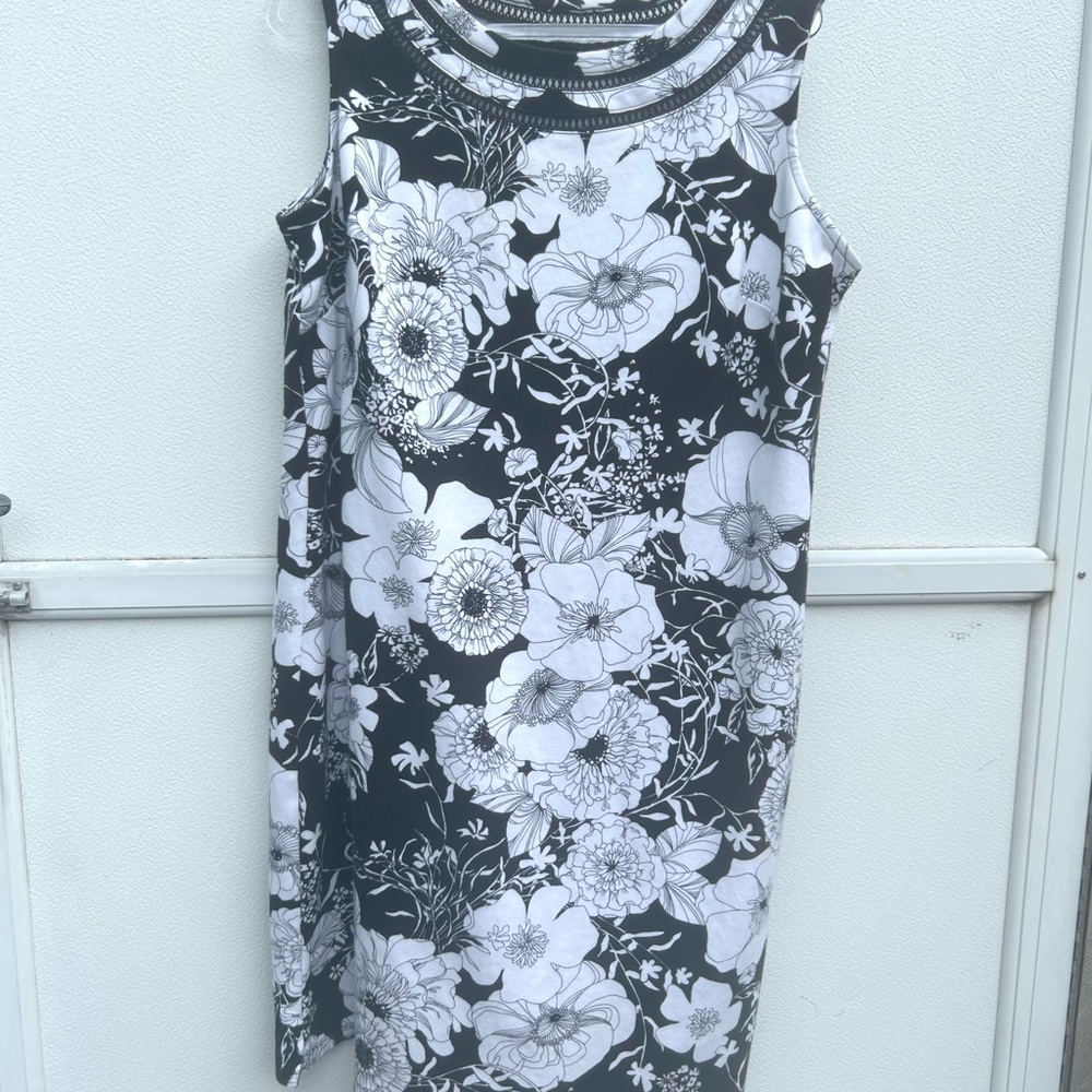 Talbots Floral Sleeveless Dress Women’s 1X Black/white 100% Cotton Shift Stretch - Picture 7 of 14